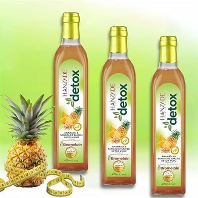 Hanzade Bitkisel Ananaslı & Sandaloz Sakızlı Detox Şurubu Kürü Bromelain 475 ml 3lü Set Güçlü Antioksidan Formül