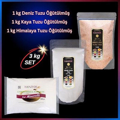 Hanzade Bitkisel Çankırı Kaya Tuzu + Himalaya Tuzu + Deniz Tuzu (Toz Öğütülmüş, 1 Kg x 3’lü Set) Doğal Tuz Seti