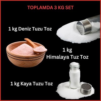 Hanzade Bitkisel Çankırı Kaya Tuzu + Himalaya Tuzu + Deniz Tuzu (Toz Öğütülmüş, 1 Kg x 3’lü Set) Doğal Tuz Seti