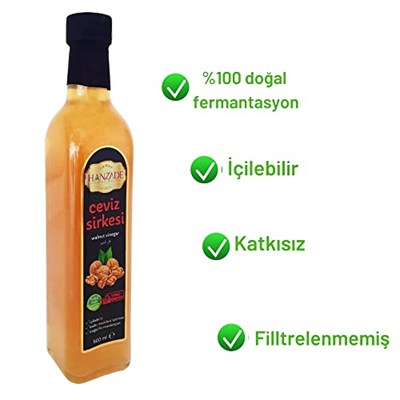 Hanzade Bitkisel Ceviz Sirkesi 500 ML x 6 Adet Doğal Fermantasyon İçilebilir Katkısız Cam Şişe
