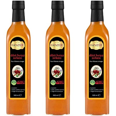 Hanzade Bitkisel Dört Hırsız Sirkesi 500 ML x 3 Adet Doğal Fermantasyon İçilebilir Katkısız Cam Şişe