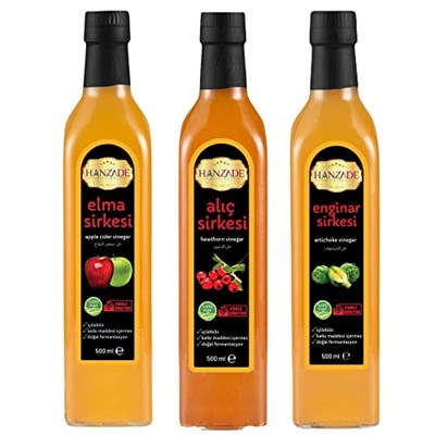 Hanzade Bitkisel Elma + Alıç + Enginar Sirkesi 500 ML 3lü Set Doğal Fermantasyon İçilebilir Katkısız Cam Şişe