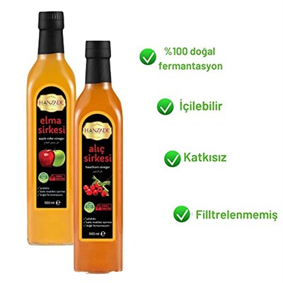 Hanzade Bitkisel Elma + Alıç Sirkesi 500 ML 2li Set Doğal Fermantasyon İçilebilir Katkısız Cam Şişe