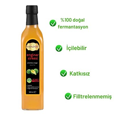 Hanzade Bitkisel Enginar Sirkesi 500 ML Doğal Fermantasyon İçilebilir Katkısız Cam Şişe