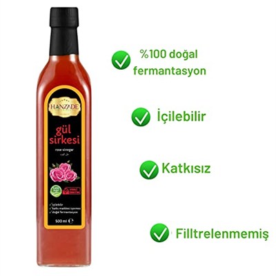 Hanzade Bitkisel Gül Sirkesi 500 ML Doğal Fermantasyon İçilebilir Katkısız Cam Şişe