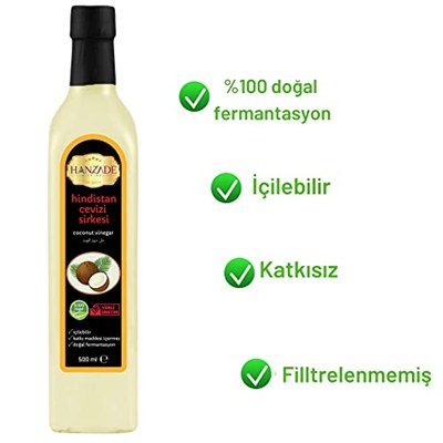 Hanzade Bitkisel Hindistan Cevizi Sirkesi 500 ML x 2 Adet Doğal Fermantasyon İçilebilir Katkısız Cam Şişe