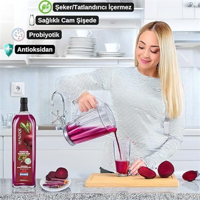 Hanzade Bitkisel Pancar Kvass Fermente Kırmızı Pancar İçeren Kür 1 Litre x 3 Adet Cam Şişe