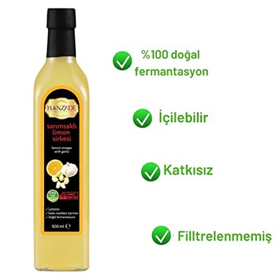 Hanzade Bitkisel Sarımsaklı Limon Sirkesi 500 ML Doğal Fermantasyon İçilebilir Katkısız Cam Şişe