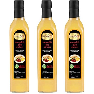 Hanzade Bitkisel Zencefilli Alıç Sirkesi 500 ML x 3 Adet Doğal Fermantasyon İçilebilir Katkısız Cam Şişe