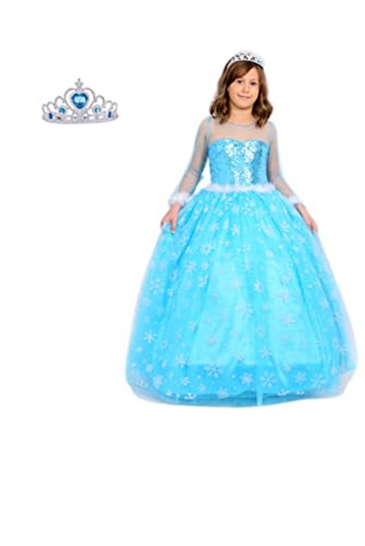 HAPPY KİDS Kız Çocuk Mavi Uzun Kollu Elsa Elbise Tarlatanlı Taç Hediyeli 5-6 Yaş mavi