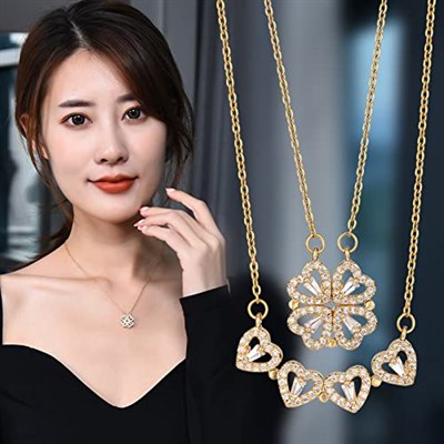 Happy Trend Dört Yapraklı Katlanabilir Çelik Zirkon Taşlı Yonca Kolye, Açılınca 4 lü Kalp olan 2si 1 Arada Gold
