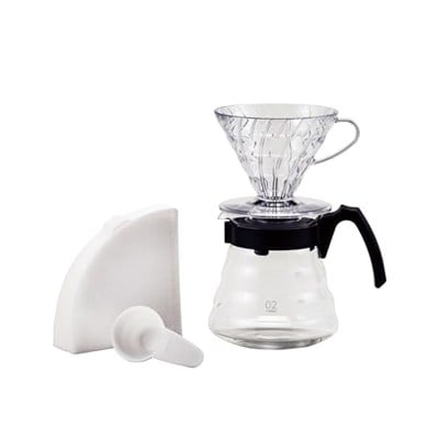 Hario Craft Kit V60 Cam Kahve Servisi Sunuculu Plastik Damlatıcı, Ölçüm Kaşığı ve Filtreli, Borosilikat, Siyah, Boyut 2