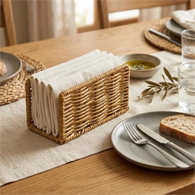 Hasır Örgü Peçetelik, Doğal Renk, Rattan, 14x5x8 cm, Rustik Stil, Yemek Masası için