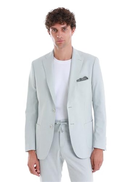 Hatemoğlu Mavi Slim Fit Düz Mono Yaka Keten Takım Elbise