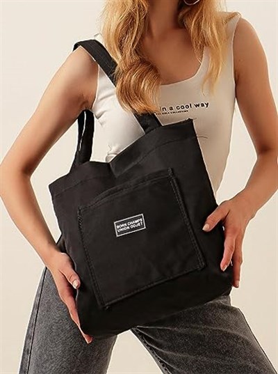 HBS Dry&More Siyah Kol Omuz Çantası, Kanvas Bez Çanta, Tote Bag, Doğa Dostu, Basıc Kadın/Kız siyah L