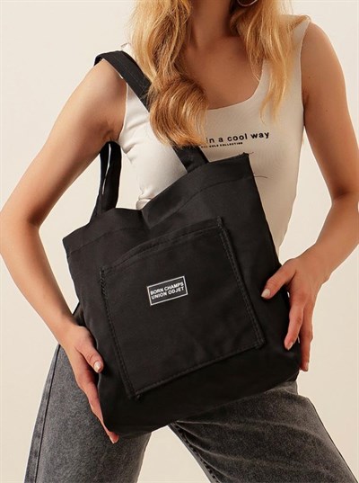 HBS Dry&More Siyah Kol Omuz Çantası, Kanvas Bez Çanta, Tote Bag, Doğa Dostu, Basıc Kadın/Kız siyah L