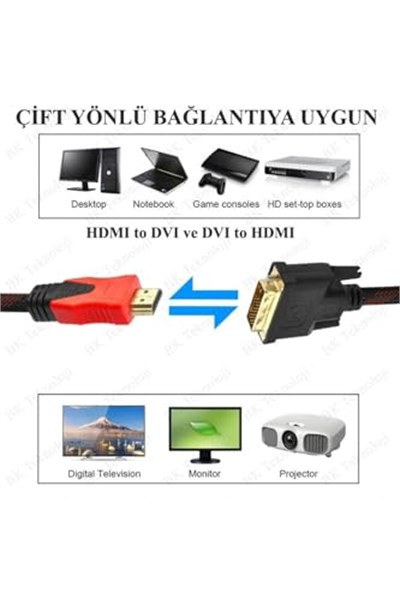 Hdmi To Dvi 24+1 Çevirici Dönüştürücü Monitör Kablosu 1.5 Metre Dual Link DVI-D (24+1) Konnektörlü HASIR