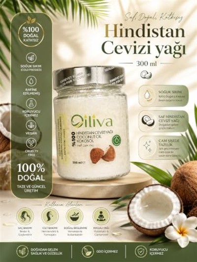 Hindistan Cevizi Yağı 300 ml – Soğuk Sıkım%100 Doğal Katkısız | Oiliva