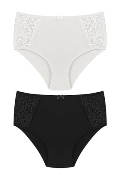HNX UNDERWEAR 2li Yüksek Bel Büyük Beden Yanları Dantel Detaylı Pamuklu Bato Kadın Külot Siyah Ekru 2XL hnxNM2248