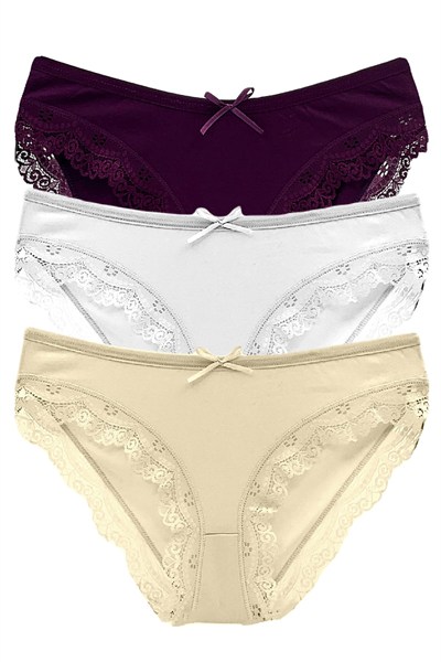 HNX UNDERWEAR 3lü Sur Dantel Detaylı Pamuklu Kadın Külot Mor-Ten-Beyaz L hnxNM1538