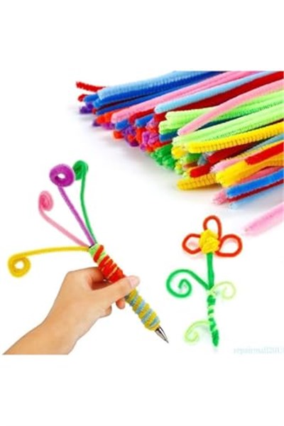 Hobialem Renkli Şönil, 200 Adet, Eğitici Şönil Seti, Tüylü Tel, 30 Cm, Peluş Tel