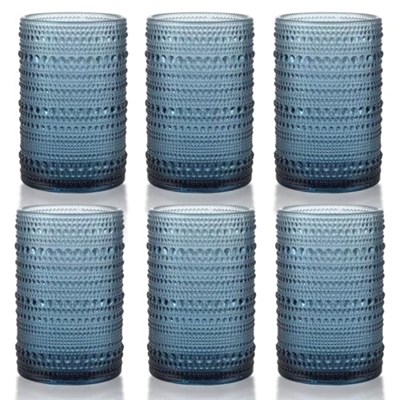 Hobnail İçecek Bardakları, 6 Highball Bardağı, 368 ml, Kabartmalı Eski Moda Züccaciye, Su, Şarap, Bira, Meyve Suyu için, Karışık İçecek Takımı (Peygamber Çiçeği Mavisi)