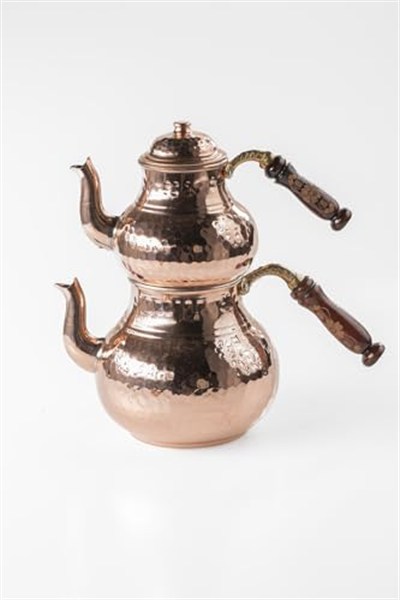 Home Gaziantep El Kabartmalı Bakır Çaydanlık Takımı, 2,6 Lt Toplam Hacim, Alt 14,5cm Üst 10,5cm, Ahşap Kulplu, Ağır Bakır