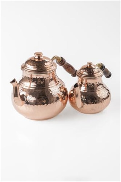 Home Gaziantep El Kabartmalı Bakır Çaydanlık Takımı, 2,6 Lt Toplam Hacim, Alt 14,5cm Üst 10,5cm, Ahşap Kulplu, Ağır Bakır