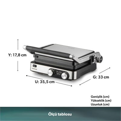 Homend Grilliant 1340H 4 Dilim Kapasiteli Gövde Alt ve Üst Sıcaklığı Ayrı Kontrol Edilebilen Döküm Plakalı Tost ve Izgara Makinesi Inox 2000W