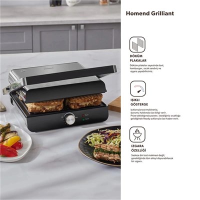 Homend Grilliant 1349H 4 Dilim Kapasiteli Gövdeli Döküm Plakalı Tost ve Izgara Makinesi Inox 2000W