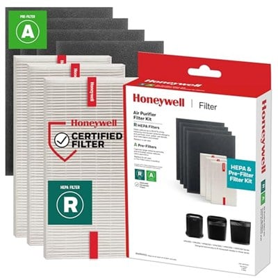 Honeywell HEPA Hava Temizleyici Filtre Kiti - 3 HEPA R Yedek Filtre ve 4 A Karbon Önceden Kesilmiş Ön Filtre İçerir - Havadaki Alerjen Hava Filtresi Orman Yangını/Dumanı, Polen, Pet Dander ve Tozu