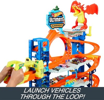 Hot Wheels 2 adet metal araba ile birlikte gelen, 50den fazla 1:64 ölçekli araba için saklama alanına sahip, 4 katlı oyun pisti içeren Hot Wheels Şehri Yeni Ultimate Garaj ile ejderhayı yen, HKX48