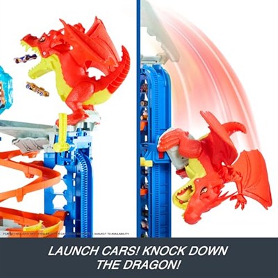 Hot Wheels 2 adet metal araba ile birlikte gelen, 50den fazla 1:64 ölçekli araba için saklama alanına sahip, 4 katlı oyun pisti içeren Hot Wheels Şehri Yeni Ultimate Garaj ile ejderhayı yen, HKX48