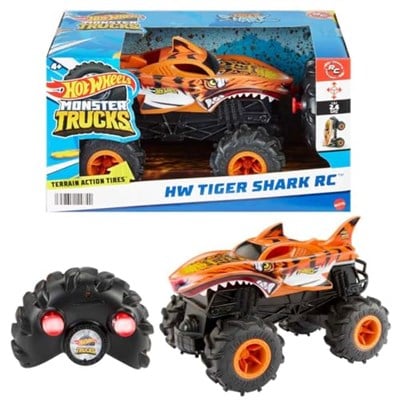 Hot Wheels Monster Trucks RC 1:24 Tiger Shark Uzaktan Kumandalı Araç HNV03 | 1:24 Ölçekli Büyük Boy Kamyon Off-Road Lastikleri ile Her Yerde Sürmek, HNV03