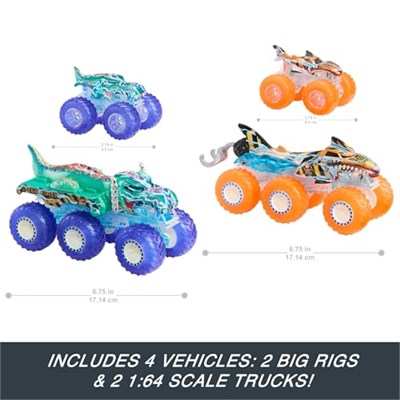 Hot Wheels Monster Trucks Toy Truck & Big Rig Multipack, 1:64 Ölçekli Mega-Wrex & Tiger Shark ile Eşleşen Power Smashers Deco