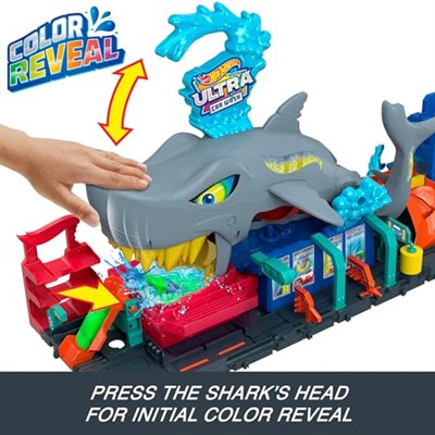 Hot Wheels Muhteşem Köpek Balığı Araç Yıkama oyun seti 1:64 ölçekte renk değiştiren oyuncak araba içeren Hot Wheels Şehri Muhteşem Köpek Balığı Araba Yıkama HTN82