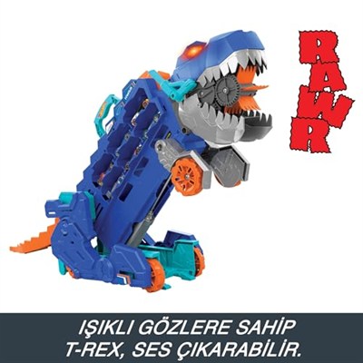 Hot Wheels Şehri Ultimate T-Rex Tır, T-Rexe Dönüşür, Yarış Pisti İçerir, Işıklı ve Sesli, 20+ 1:64 Ölçekli Araba için Depolama Alanı, HNG50