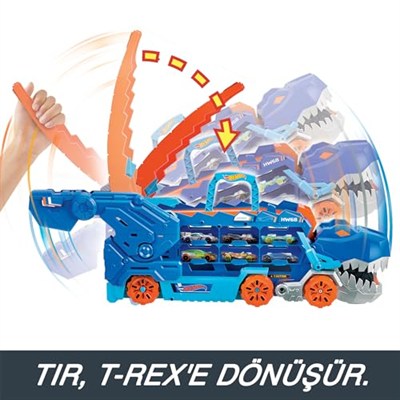 Hot Wheels Şehri Ultimate T-Rex Tır, T-Rexe Dönüşür, Yarış Pisti İçerir, Işıklı ve Sesli, 20+ 1:64 Ölçekli Araba için Depolama Alanı, HNG50