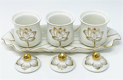 Houlu 3 Sunak Fincanı Seti, Seramik Kutsal Su Sunan Fincan, Tibet Budist İbadet Kupası (Beyaz)