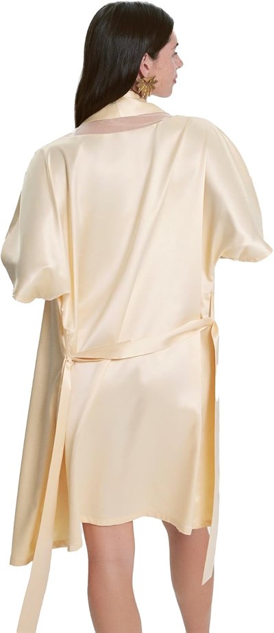 House of Silk Jasmine İpeksi Saten Tül Detaylı Sabahlık Kadın Sabahlık, Bej, STD