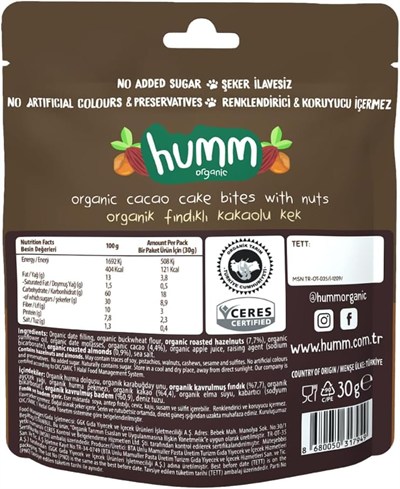 Humm Organic Glutensiz Vegan Kakaolu ve Fındıklı Kek