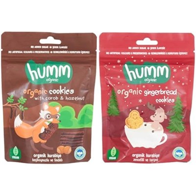 Humm Organic Keçiboynuzlu Fındıklı Vegan Kurabiye 1 Paket(55 Gr x 1 Adet) ve Humm Organic Organik Zencefilli Tarçınlı Vegan Kurabiye 1 Paket(55 Gr x 1 Adet)
