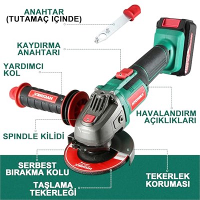 HYCHIKA akülü açılı taşlama makinesi 18 V, disk çapı 115 mm, rölanti devri: 8500 dev/dak, kesme diski akülü açılı taşlama makinesi, kesme ve taşlama için, kilitleme şalteri