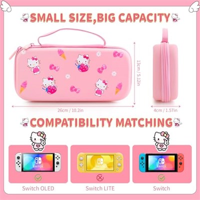 HYPERCASE Pink Travel Carrying Case for Nintendo Switch or OLED, Cute Portable Switch Carry Bag of Hello Kitty with 10 Card Slots & 2 Thump Caps, for NS/OLED Console, Joycon Grip, Accessories Storage