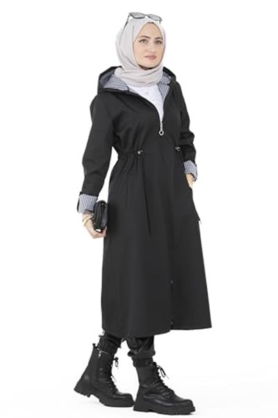 İçi Çizgili Trençkot-Siyah