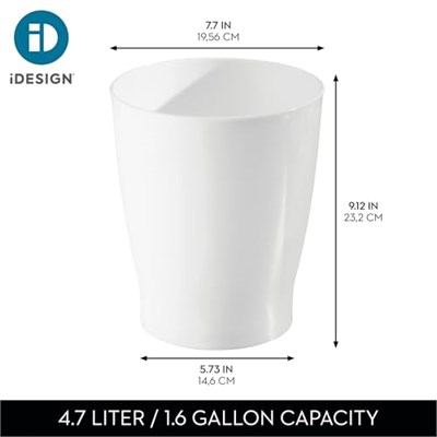 iDesign Banyo, Yatak Odası, Ev Ofis, Yurt için Kompakt Yuvarlak Plastik Çöp Kovası, 19,6 cm x 19,6 cm x 23,1 cm, Franklin Koleksiyonu, Beyaz