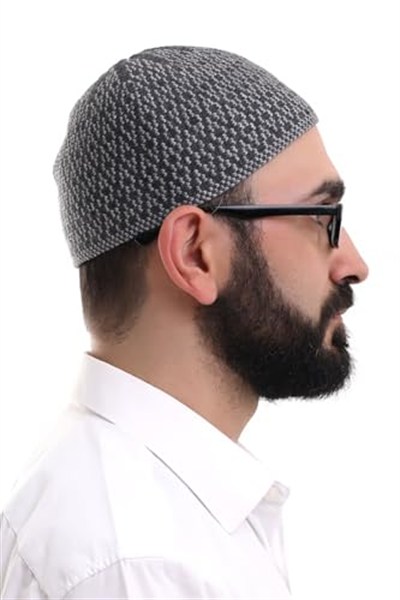 İhvan Online Açık Gri Kışlık Orlon Namaz Takkesi Baklava Desenli Takke