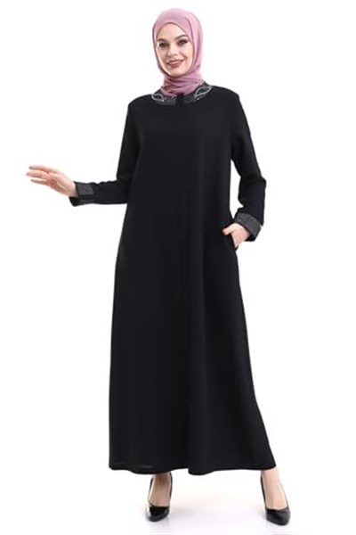 İhvan online Derin Store Yaka ve Kol Taşlı Tesettür Ferace 23300-23 Siyah Siyah 60