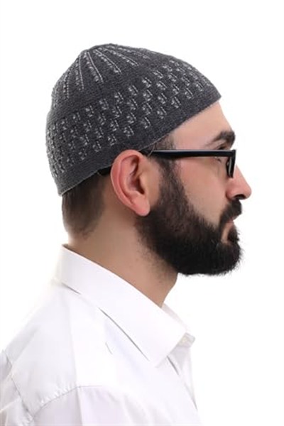 İhvan Online Füme Gri Hasır Desen Kışlık Kadife Namaz Takkesi