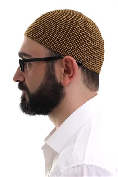 İhvan Online Hardal Kışlık Nokta Desenli Orlon Namaz Takkesi